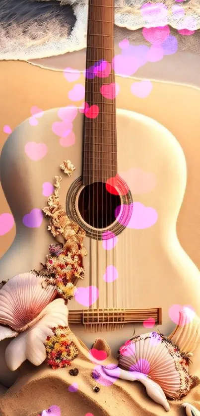 Artistic guitar on a sandy beach with seashells and ocean waves.