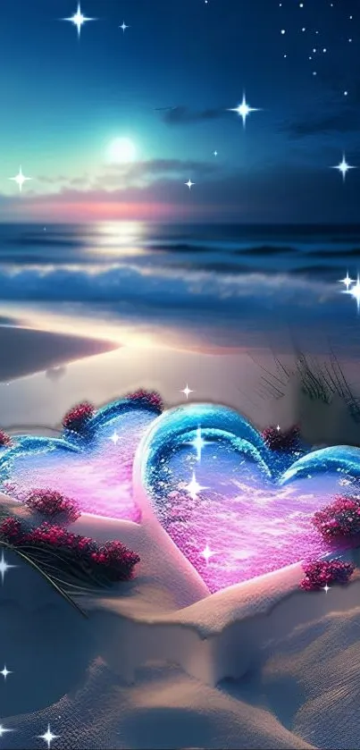 Romantic beach scene with glowing hearts and starlit sky.