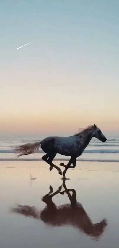 Horse galloping on tranquil beach at sunset with a pastel sky backdrop.