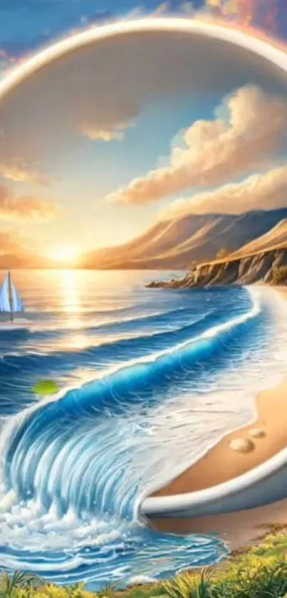 Surreal beach scene with cascading waves.
