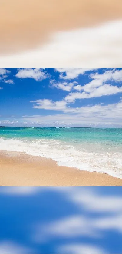 Serene beach wallpaper with blue sky and turquoise ocean waves.