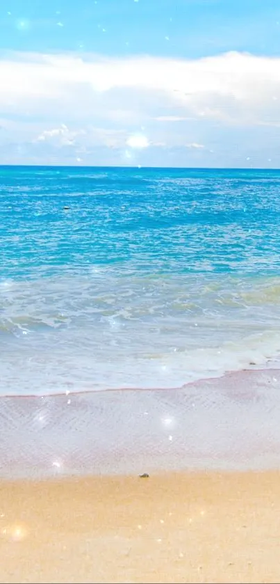 Serene beach scene with sparkling sky, ocean, and sandy shore.