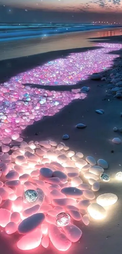 Glowing beach with luminescent pebbles at night.