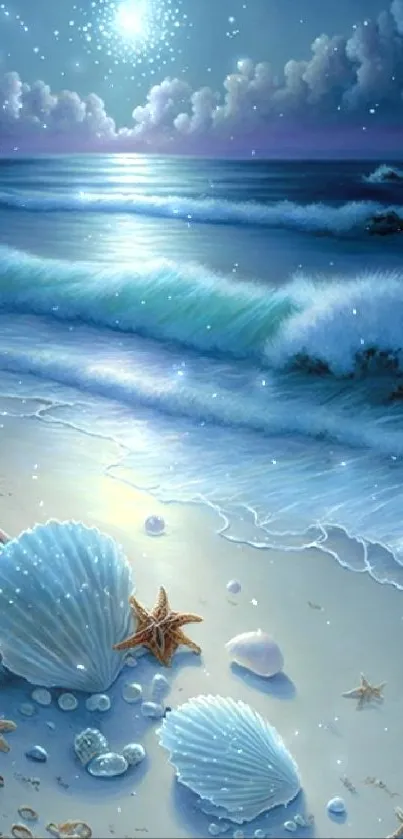 Moonlit beach with waves, shells, and stars.