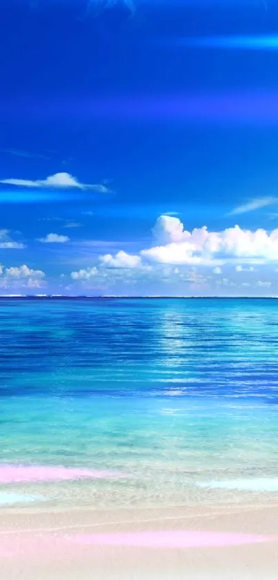 Serene beach and ocean view with blue sky and fluffy clouds.