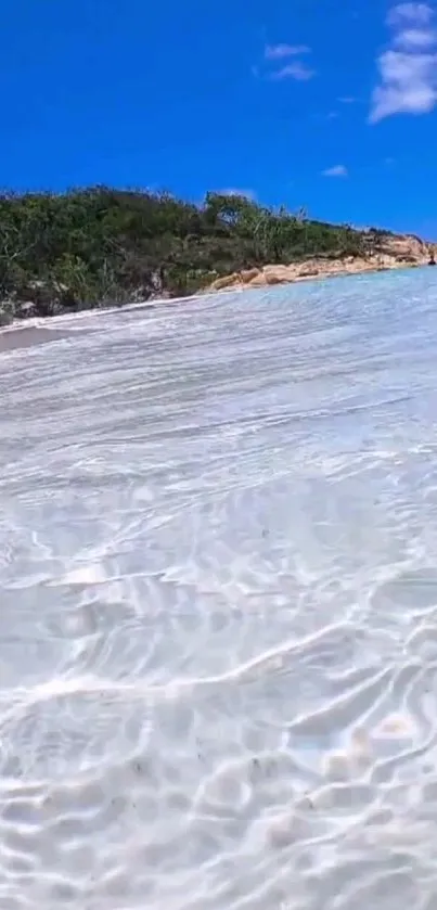 Serene beach with clear ocean waves under a bright blue sky.