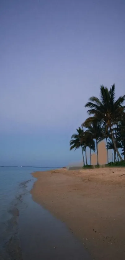 A serene beach with palm trees at sunset and a tranquil lavender sky.