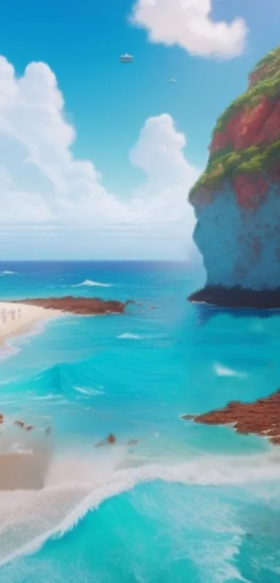 Serene turquoise beach with vibrant cliffs and clear skies.