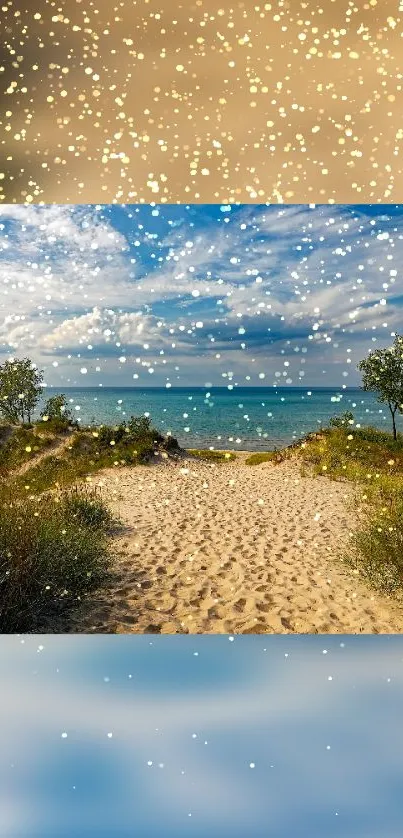 Serene beach pathway with sand, sea, and sky creating a calming phone wallpaper.