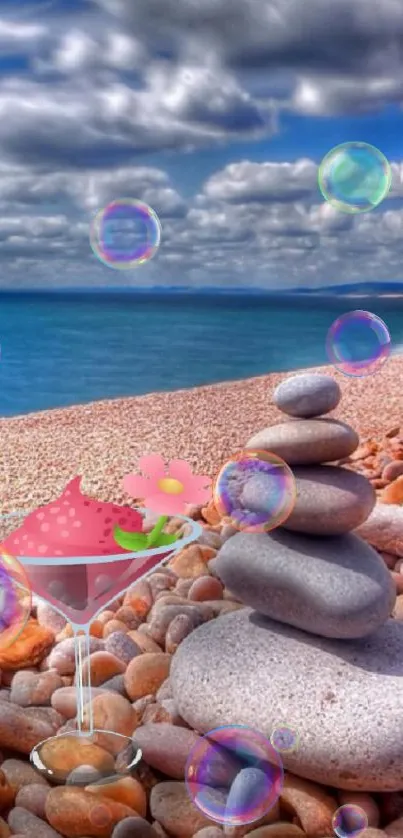 Serene beach view with pebble stack and blue ocean under cloudy sky.