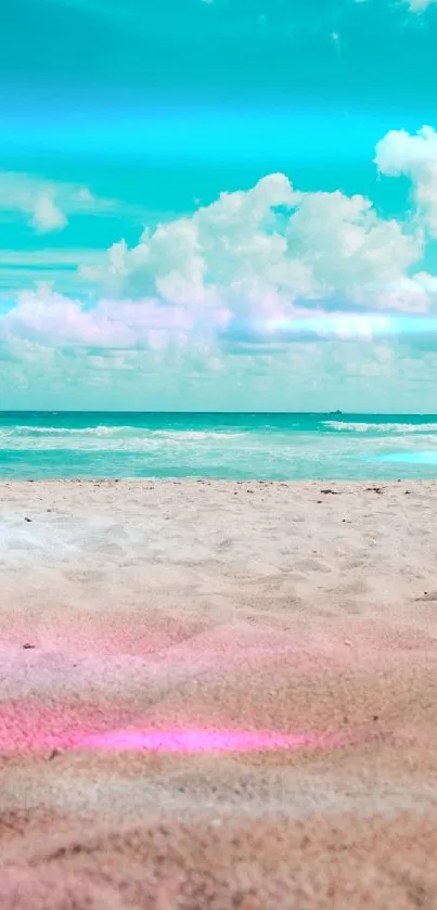 Serene beach with turquoise ocean and cloudy sky wallpaper.