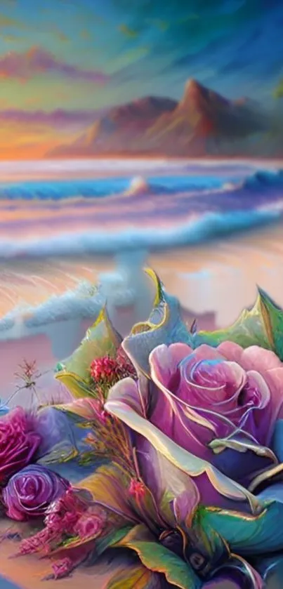 Serene beachscape with roses in pastel hues.