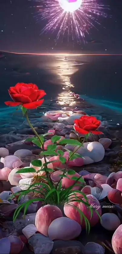 A red rose on a pebbled beach path under a night sky with fireworks.