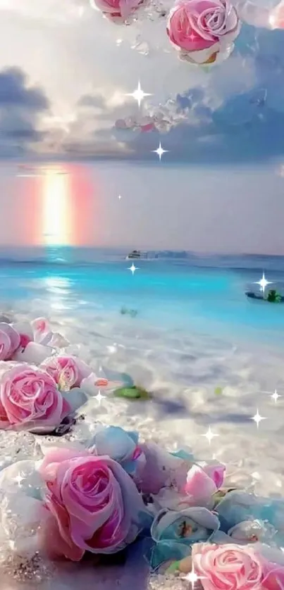 Serene beach with pink roses and ocean sunset.