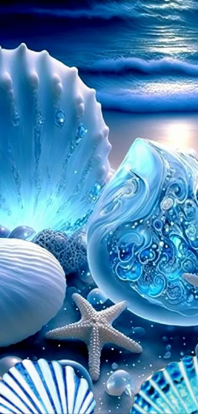 Seashells and ocean waves in blue beach wallpaper.