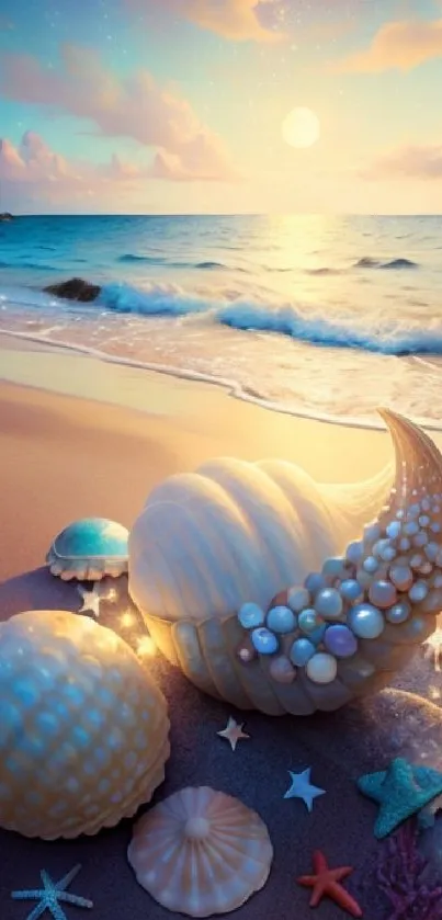 Seashells on a beach with a colorful sunset over the ocean.