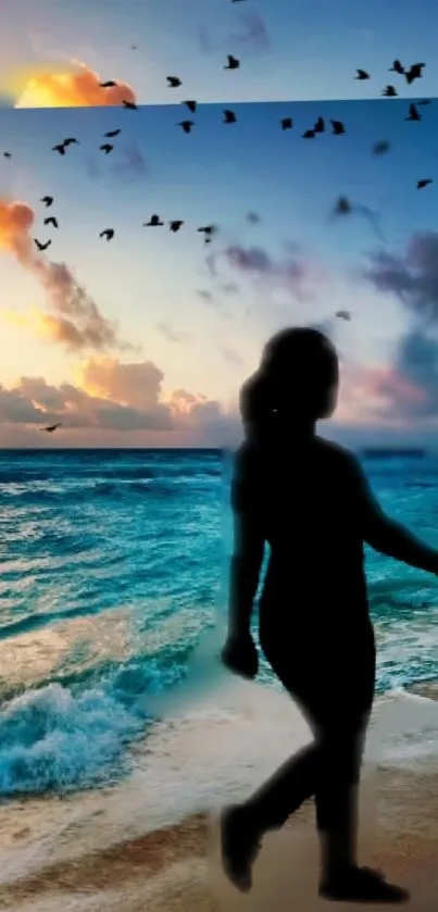 Silhouette on a sunset beach with birds flying above.