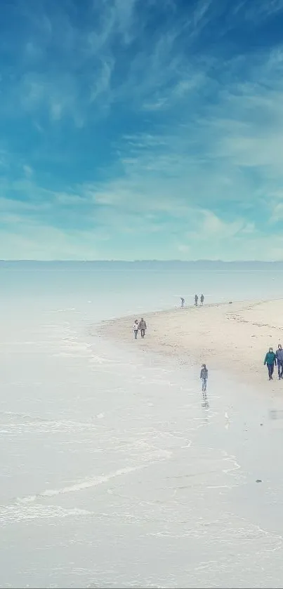 Serene beach with blue sky and gentle waves, perfect for a calming wallpaper.