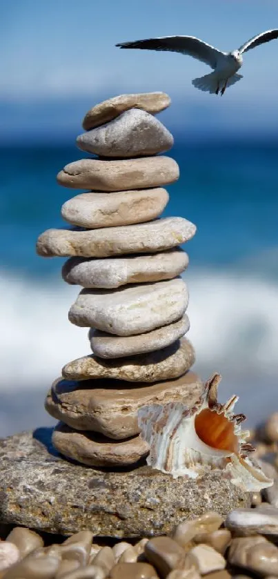 Beach stones stacking with seagull above and ocean background.