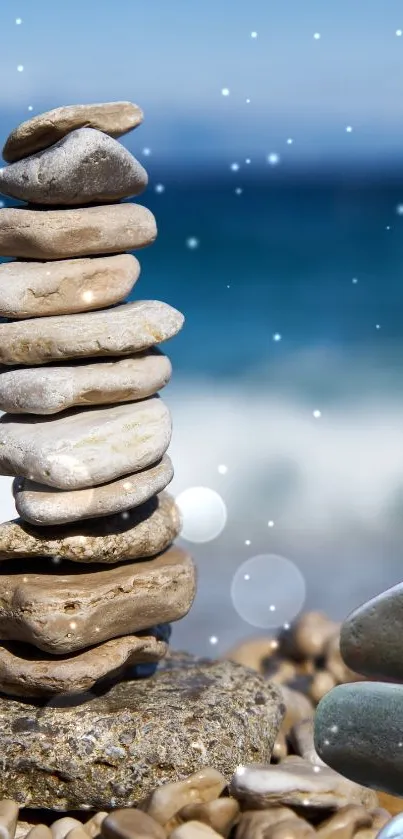 Beach stones stacked by ocean waves.