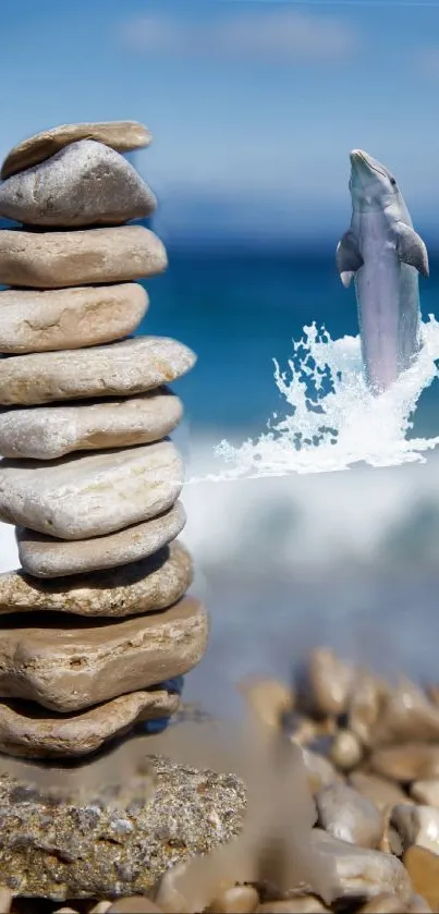 Beach scene with stone stack and leaping dolphin.