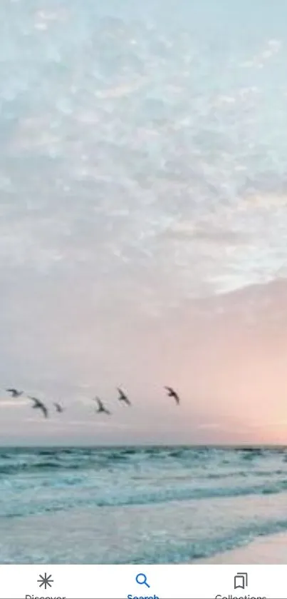 Serene beach sunrise with pastel sky and birds flying over the ocean waves.