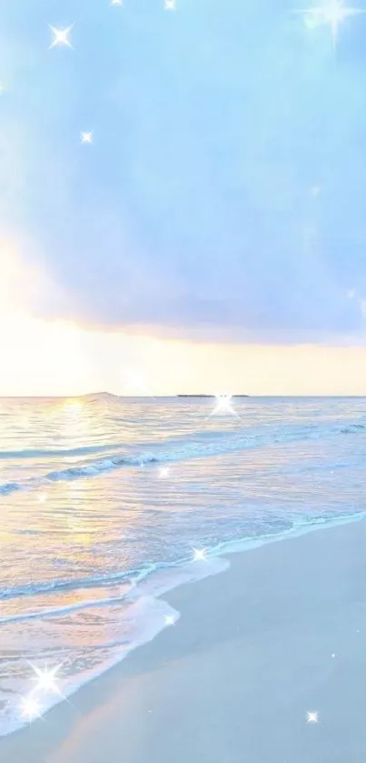 Serene beach landscape at sunrise with calm ocean and pastel sky hues.