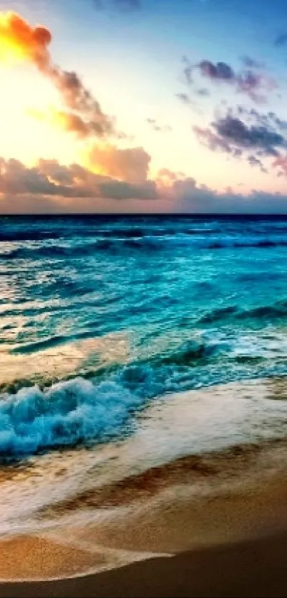 Vibrant ocean sunset with waves crashing on a serene beach