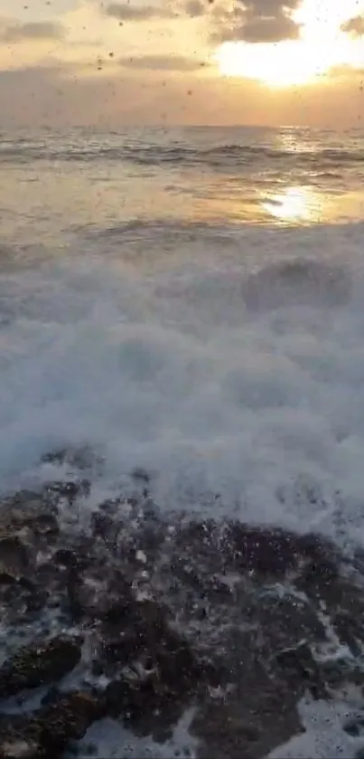 Sunrise over ocean waves with a peaceful beach view.