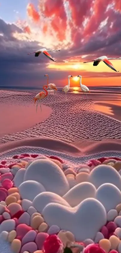 Heart-shaped sand and stones with birds at sunset on the beach.