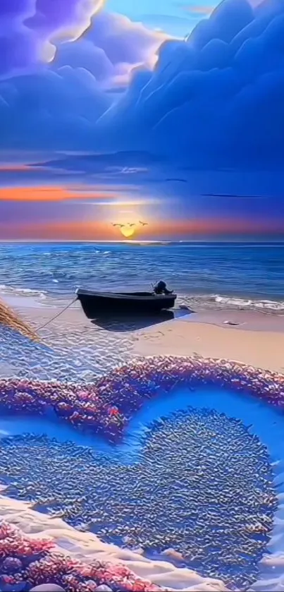 Serene beach sunset with a heart in the sand and a boat by the shore.