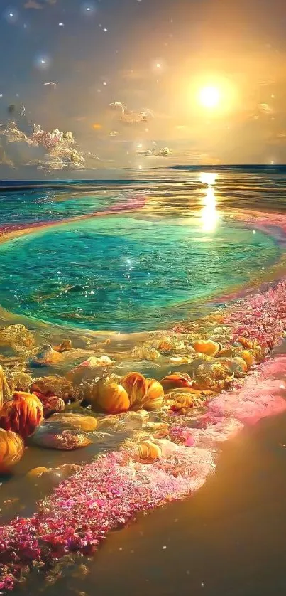 Colorful beach sunset with shells and ocean waves.