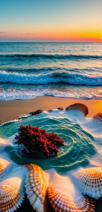 Beach sunset with seashells and serene ocean waves.