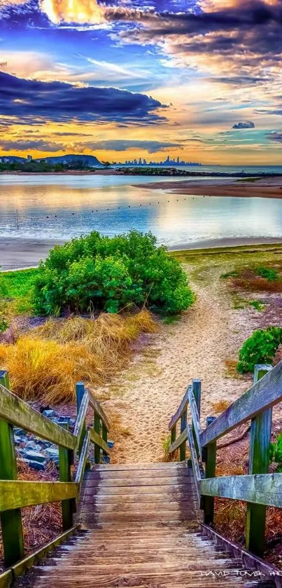 Beach pathway leading to serene sunset view.