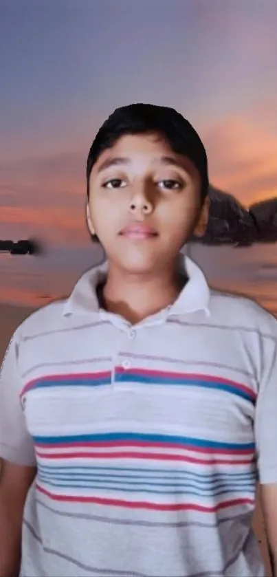 Portrait of a person with a serene beach sunset background.