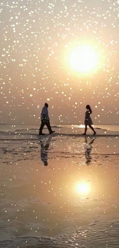 Couple walking on beach at sunset with shimmering water reflection.