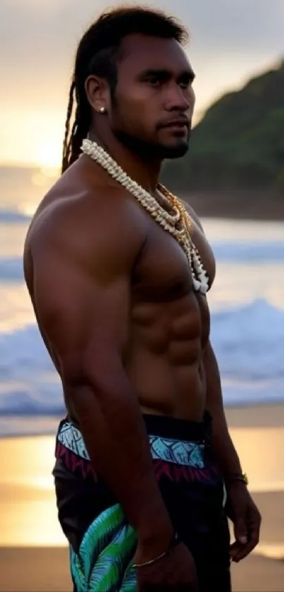 Muscular man on beach at sunset, wearing shell necklaces.