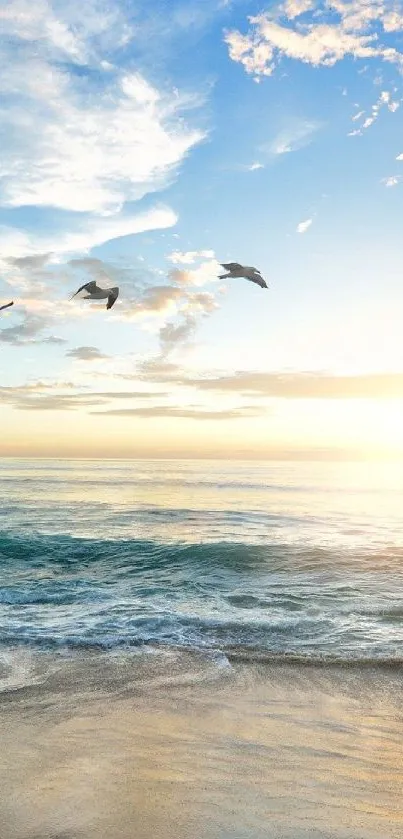 Serene beach sunset with ocean waves and birds in the sky.