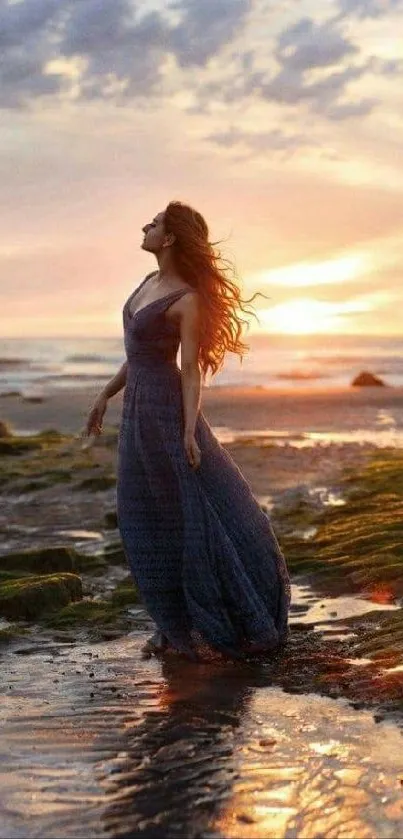 Woman on beach at sunset, flowing dress, serene ocean view.