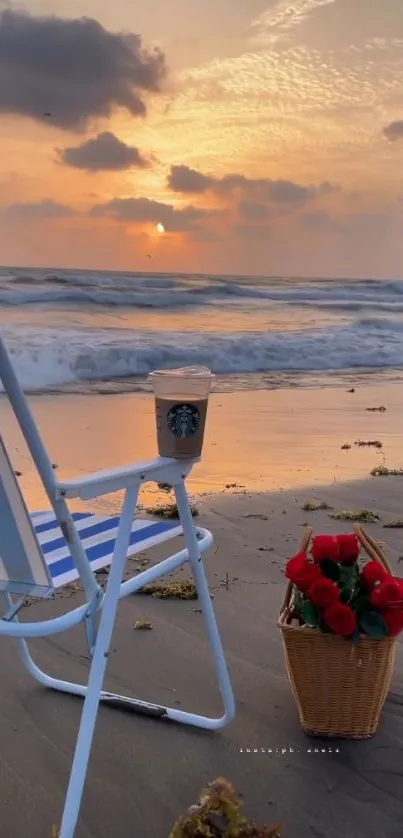 Beach chair and roses at sunset, serene ocean view.