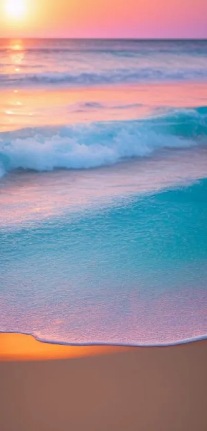 Tranquil beach sunset with vibrant colors and calming waves.