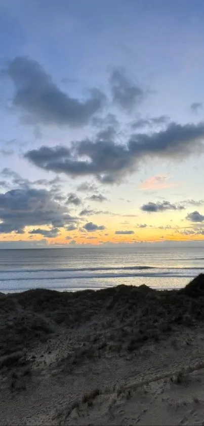 Beautiful beach sunset with scenic ocean view and sand dunes.