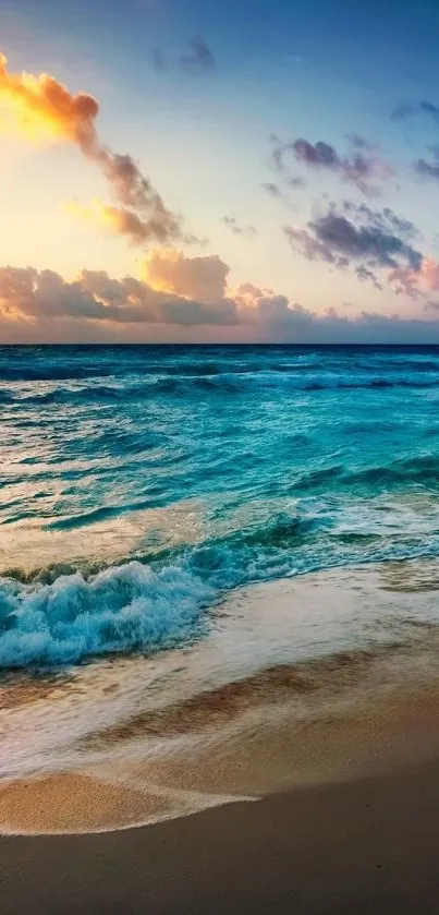 Serene beach with a vibrant sunset and calming ocean waves.