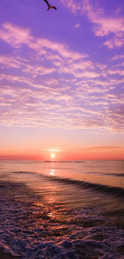 Serene beach sunset with purple sky and ocean waves.