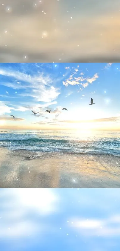 Serene beach sunset with ocean waves and birds in a tranquil blue sky.