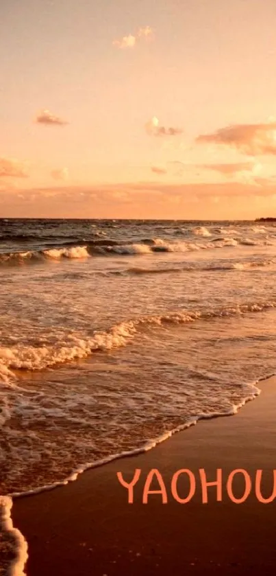 Beautiful beach sunset with relaxing waves and warm orange hues.