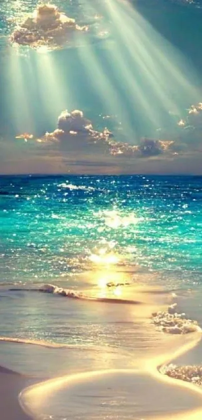 Peaceful beach sunset with golden light reflecting on turquoise waters.