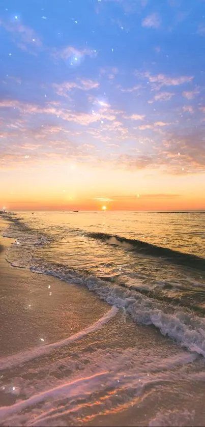 Serene sunset over peaceful beach waves with a vibrant sky.