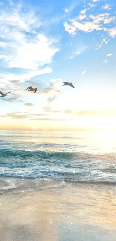 Sun setting over ocean waves with birds flying.