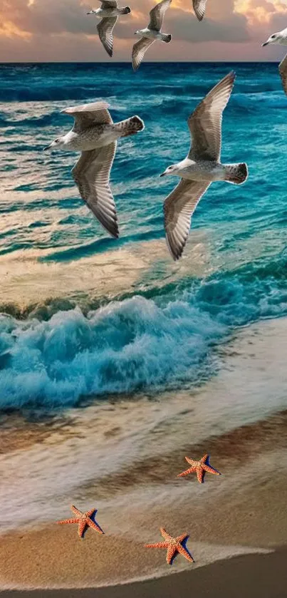 A breathtaking sunset over a serene beach with vibrant ocean waves.